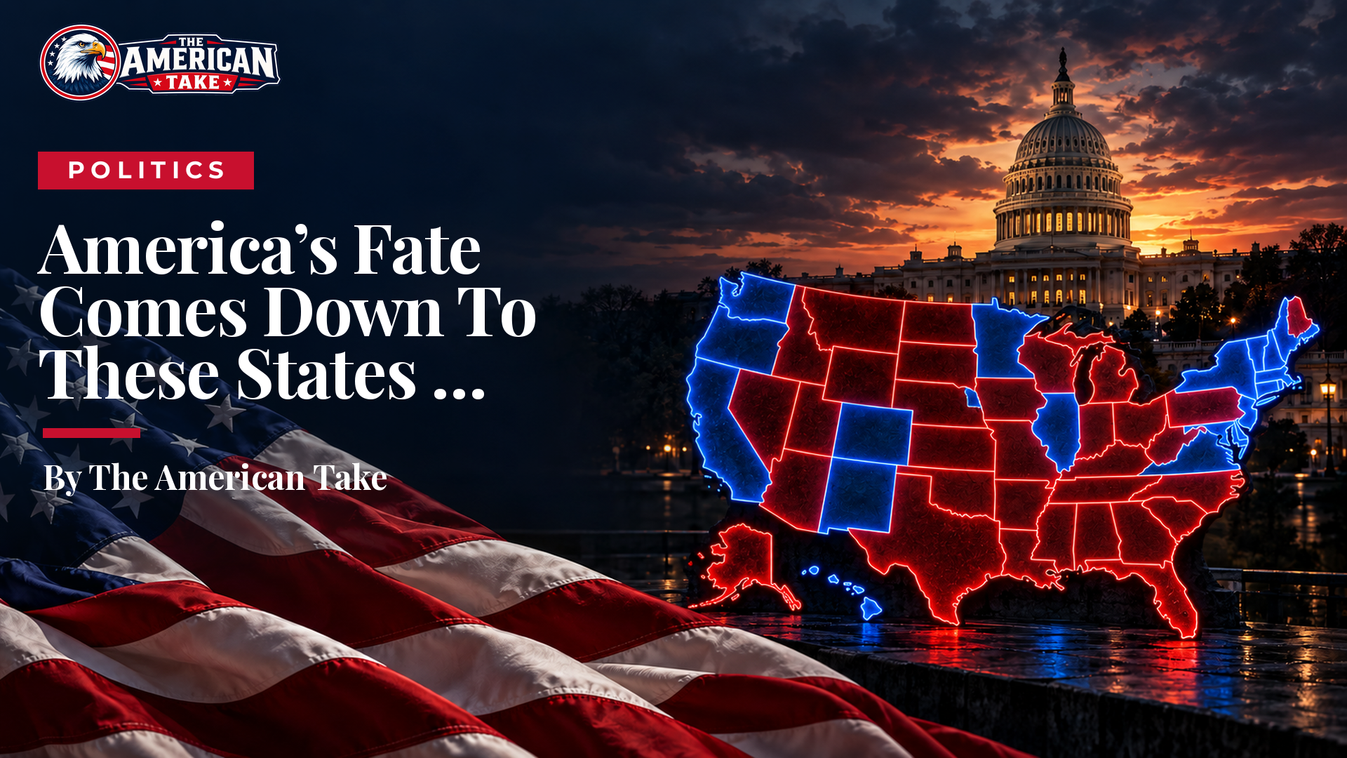 The U.S. Capitol dome at dusk with a large folded map of the United States on a table in the foreground, several states glowing red and blue.