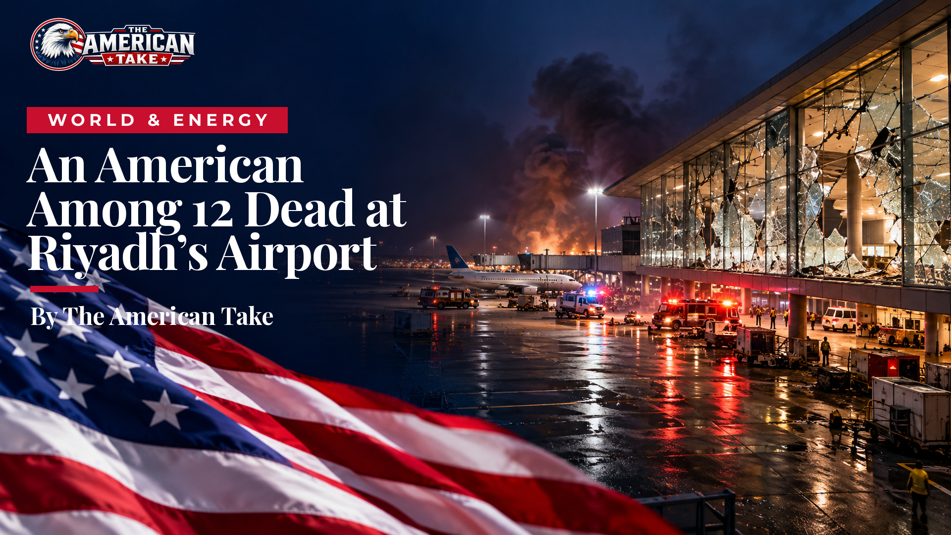 An airport terminal at night with shattered glass, emergency lights and smoke drifting across the tarmac.