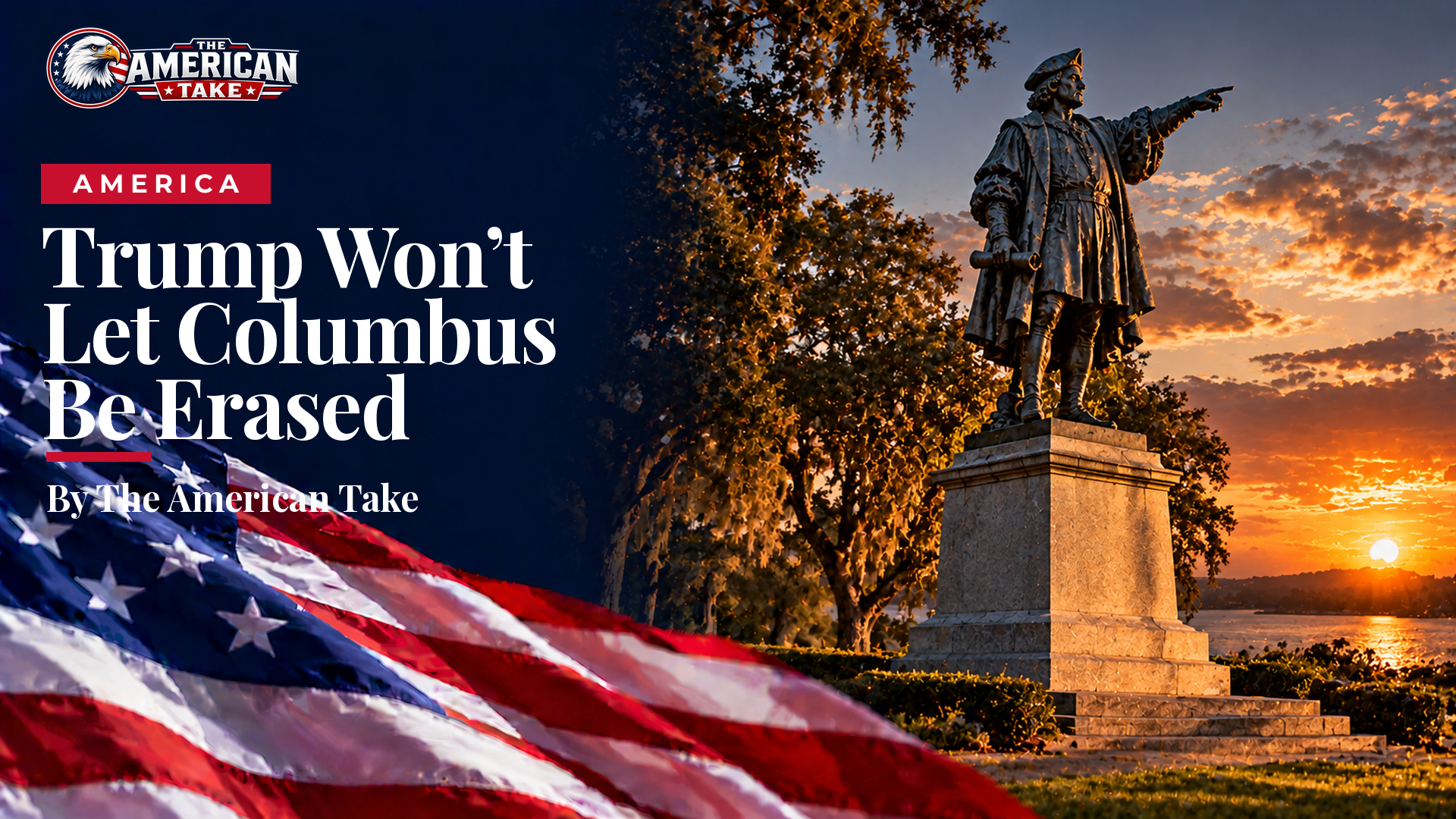 A bronze statue of a 15th-century explorer on a stone pedestal, lit by warm evening light on a manicured lawn.