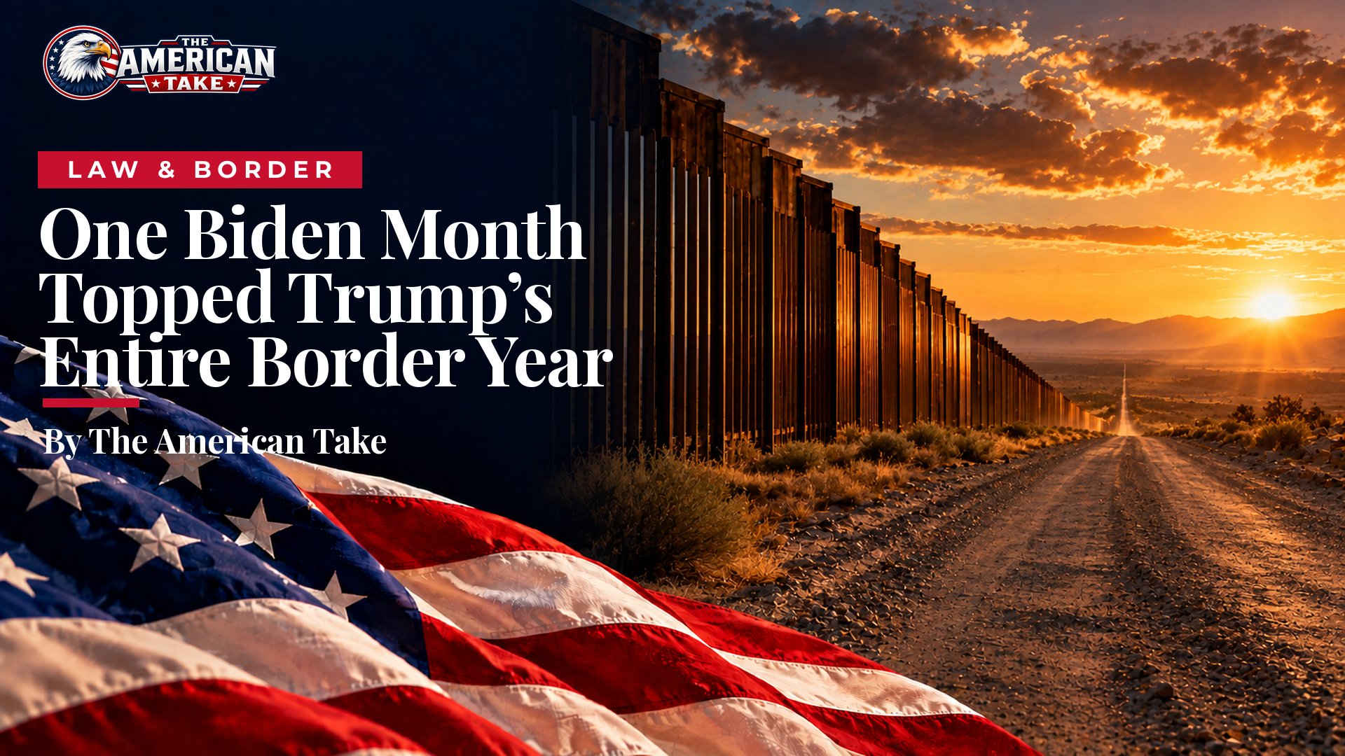 A quiet desert border road at dawn with an empty steel barrier and bright light on the right half of the frame, a bold American flag in the foreground