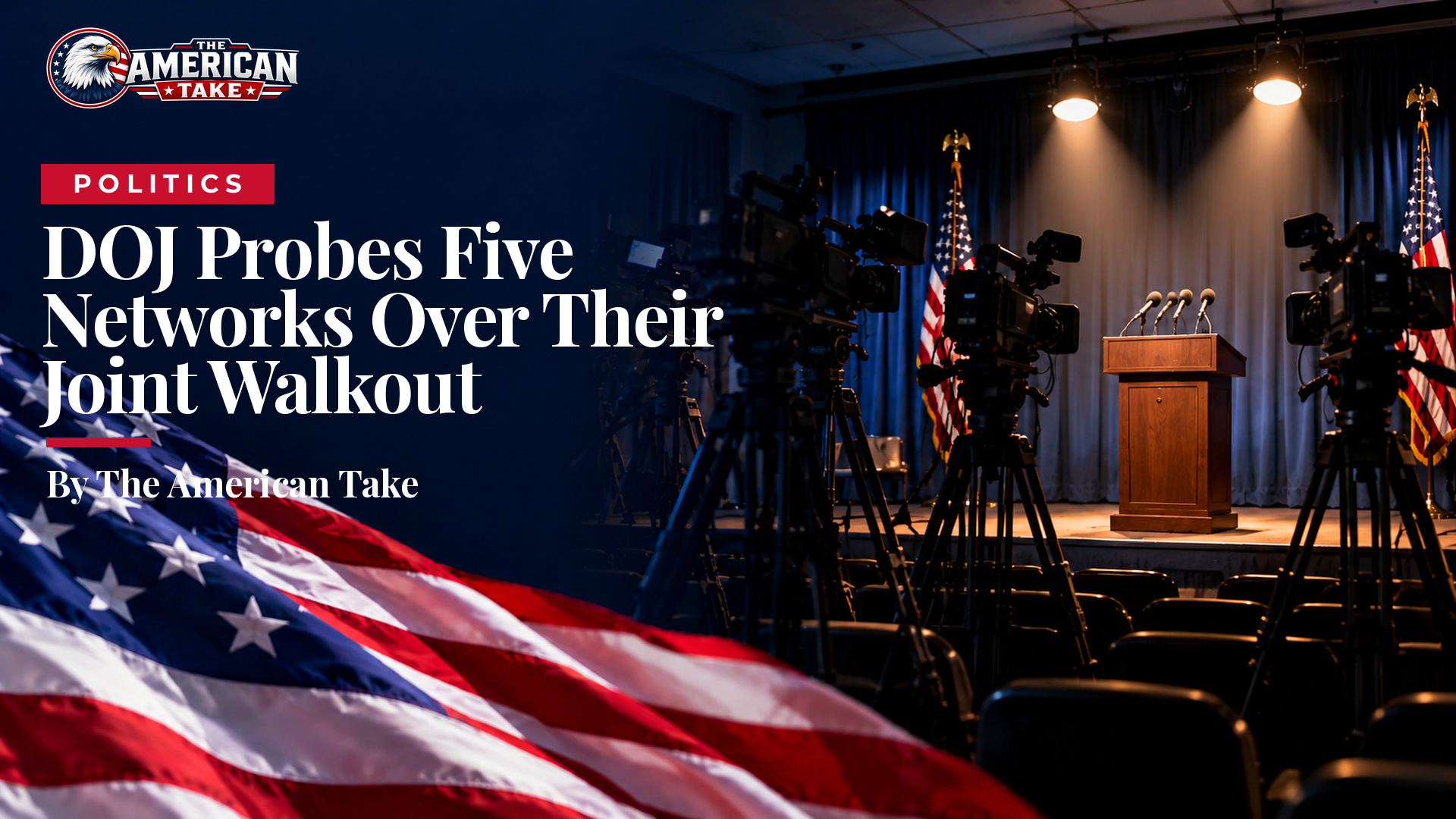 An empty row of television cameras on tripods in a dim press room, their red lights off.