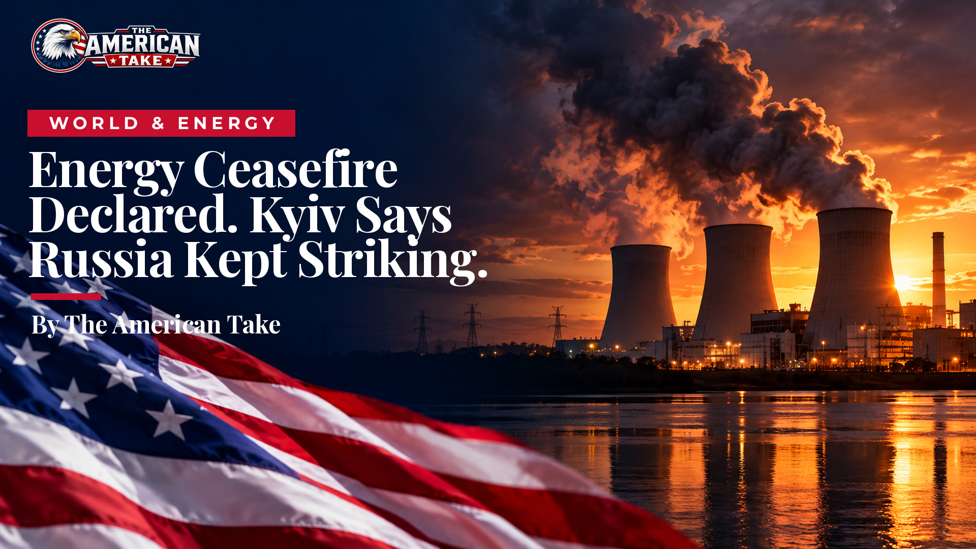 A power plant with cooling towers at dusk, with a column of smoke rising behind it.
