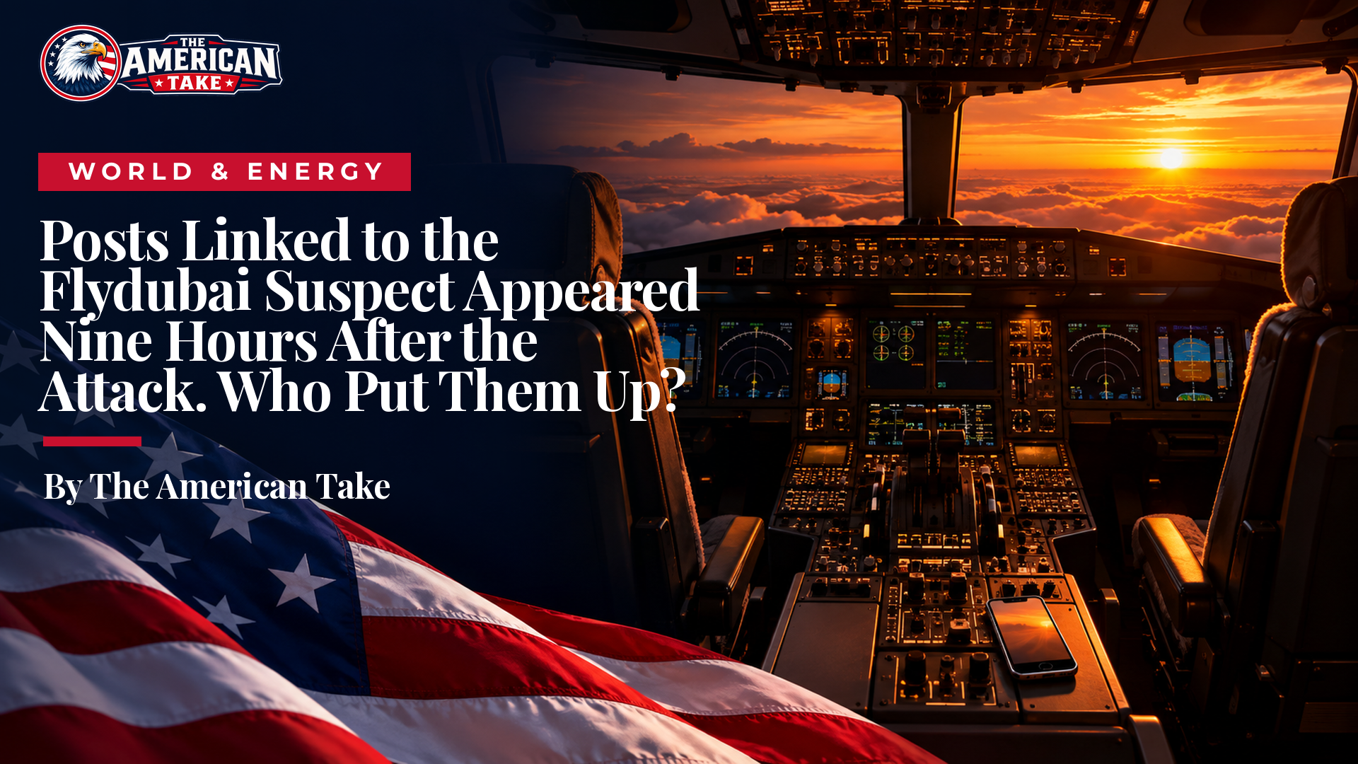 A dark airliner cockpit at sunset with an empty pilot seat and a glowing phone screen on the console.