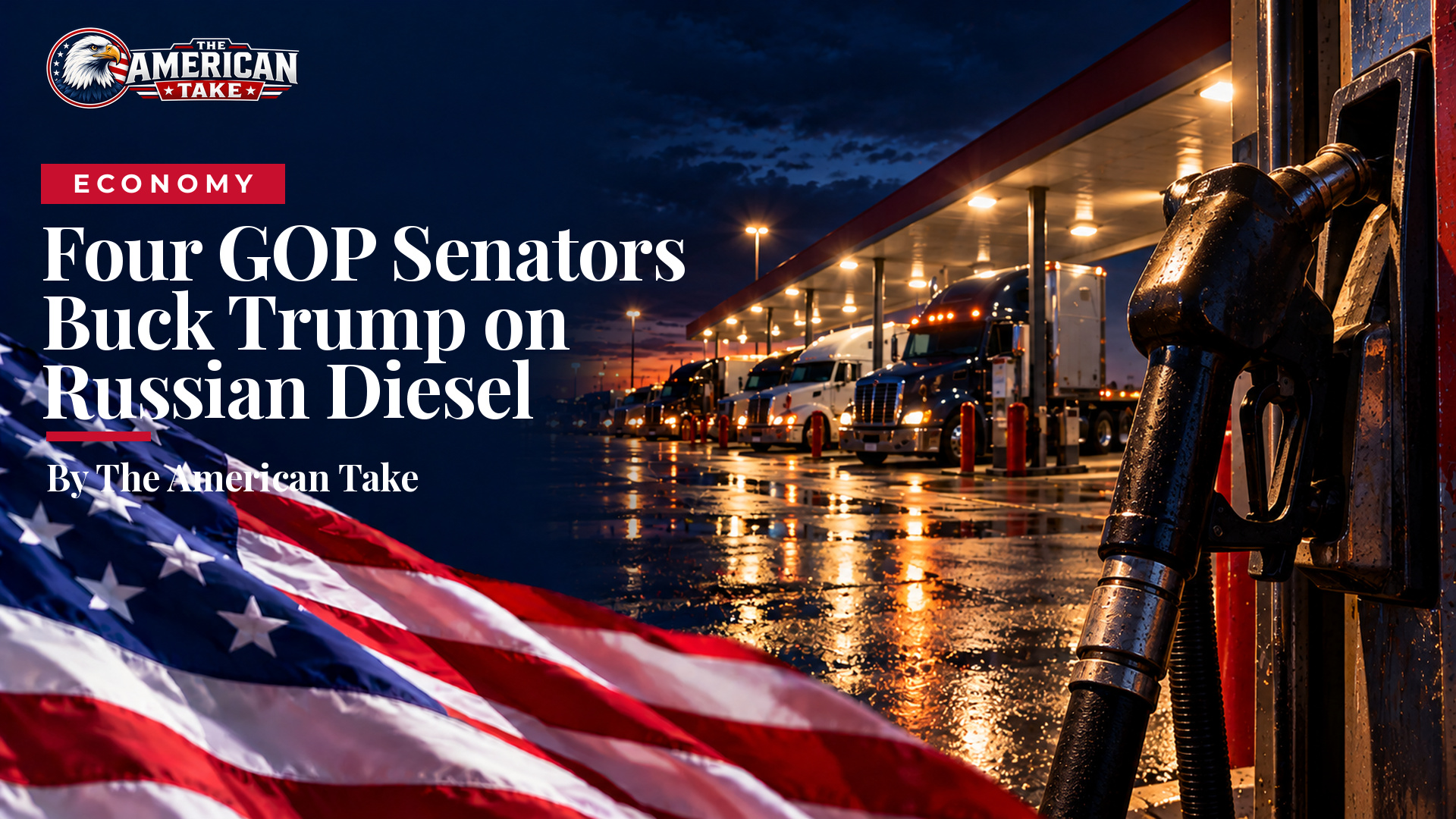 A diesel pump nozzle at a truck stop at night, with a line of semi-trucks under bright canopy lights.
