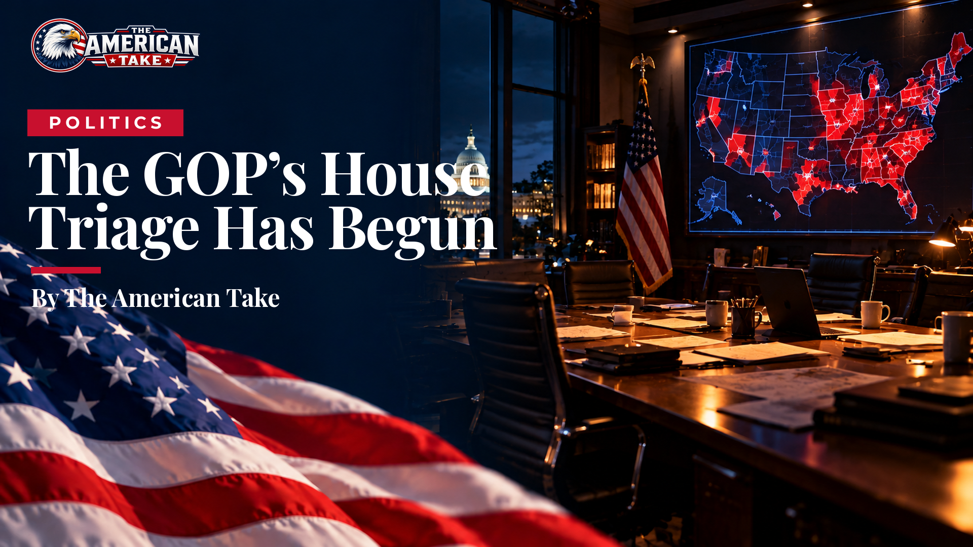 A campaign war room at night with a large district map, several districts dimmed and others lit.