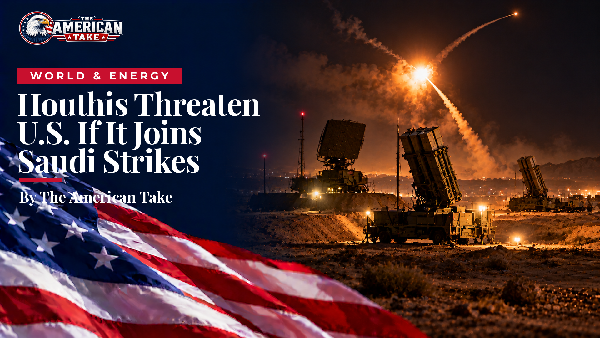 A desert air-defense battery at night with radar dishes and launch tubes angled toward a hazy orange sky.