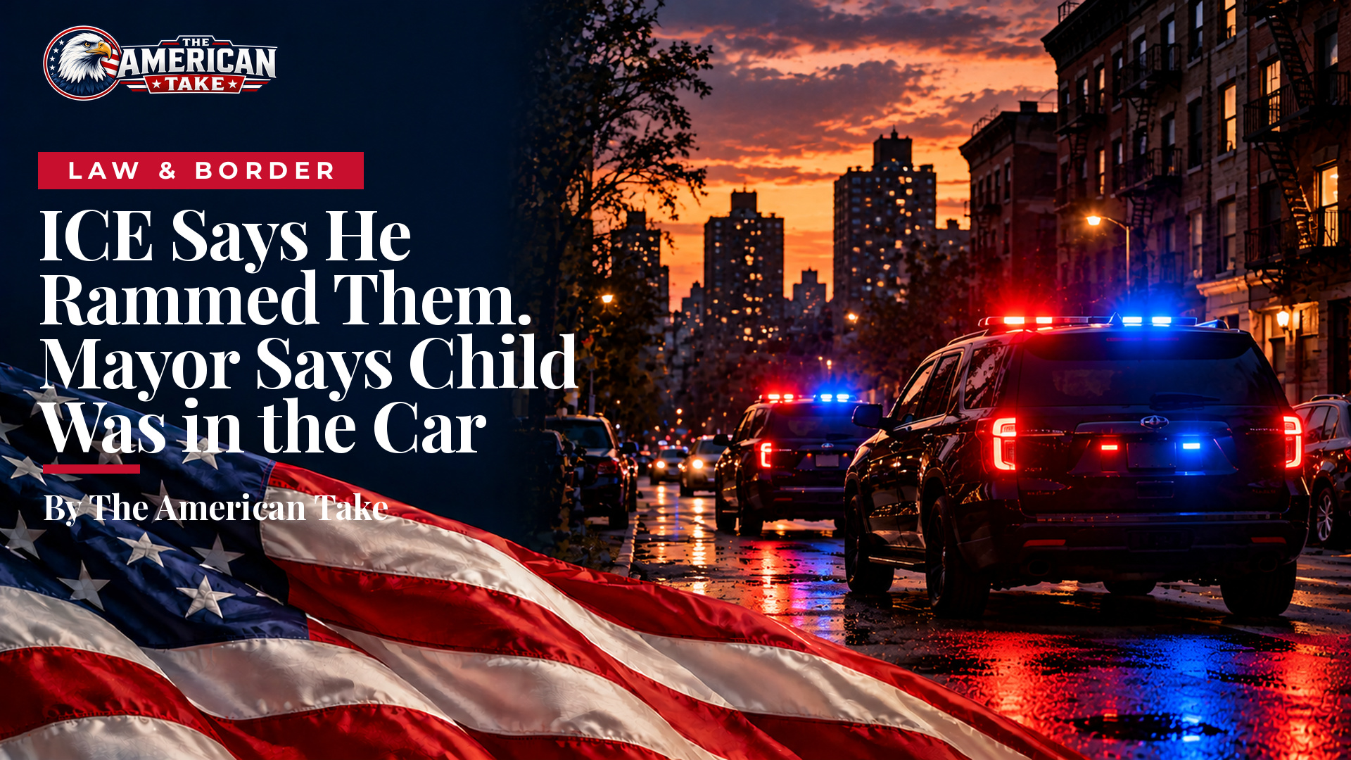 A dark SUV with flashing emergency lights parked on a city street at dusk.