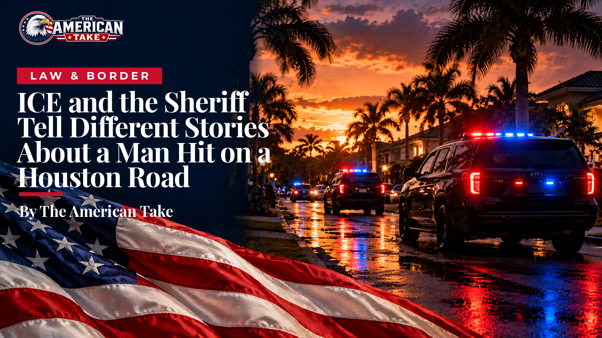 A dark SUV with flashing emergency lights on a suburban Houston street at dusk.