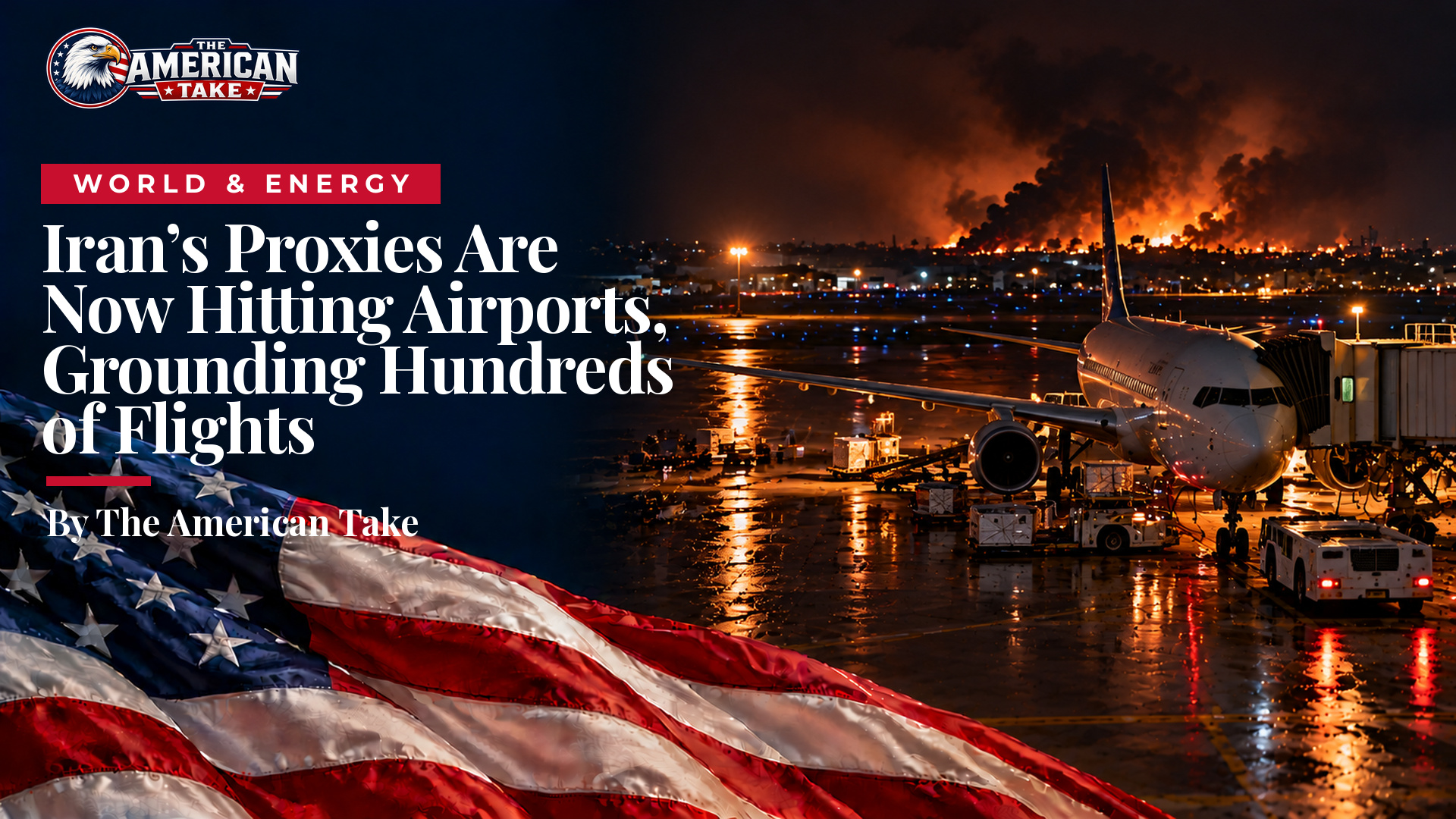 An airport runway at night with a grounded airliner and smoke rising on the horizon.