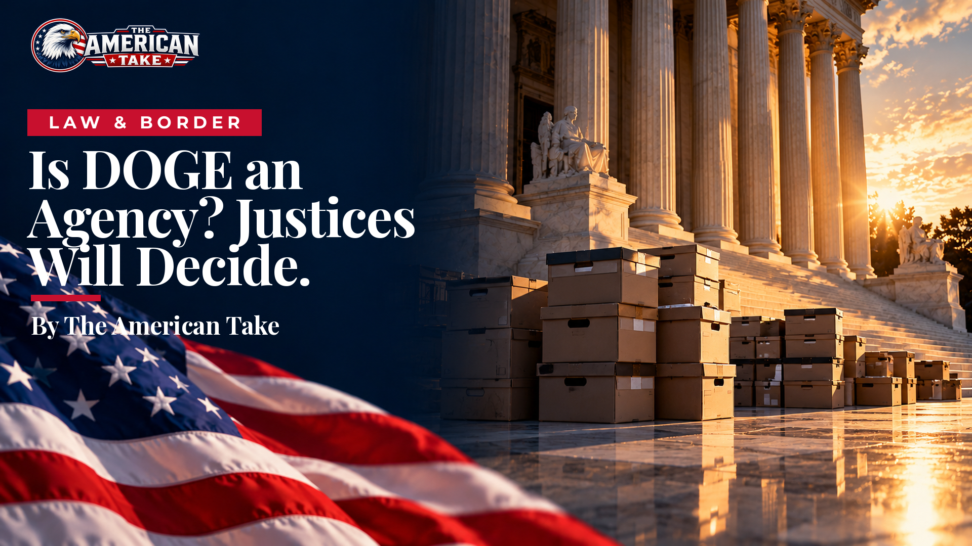Stacks of sealed government file boxes on a marble floor beneath tall courthouse columns.