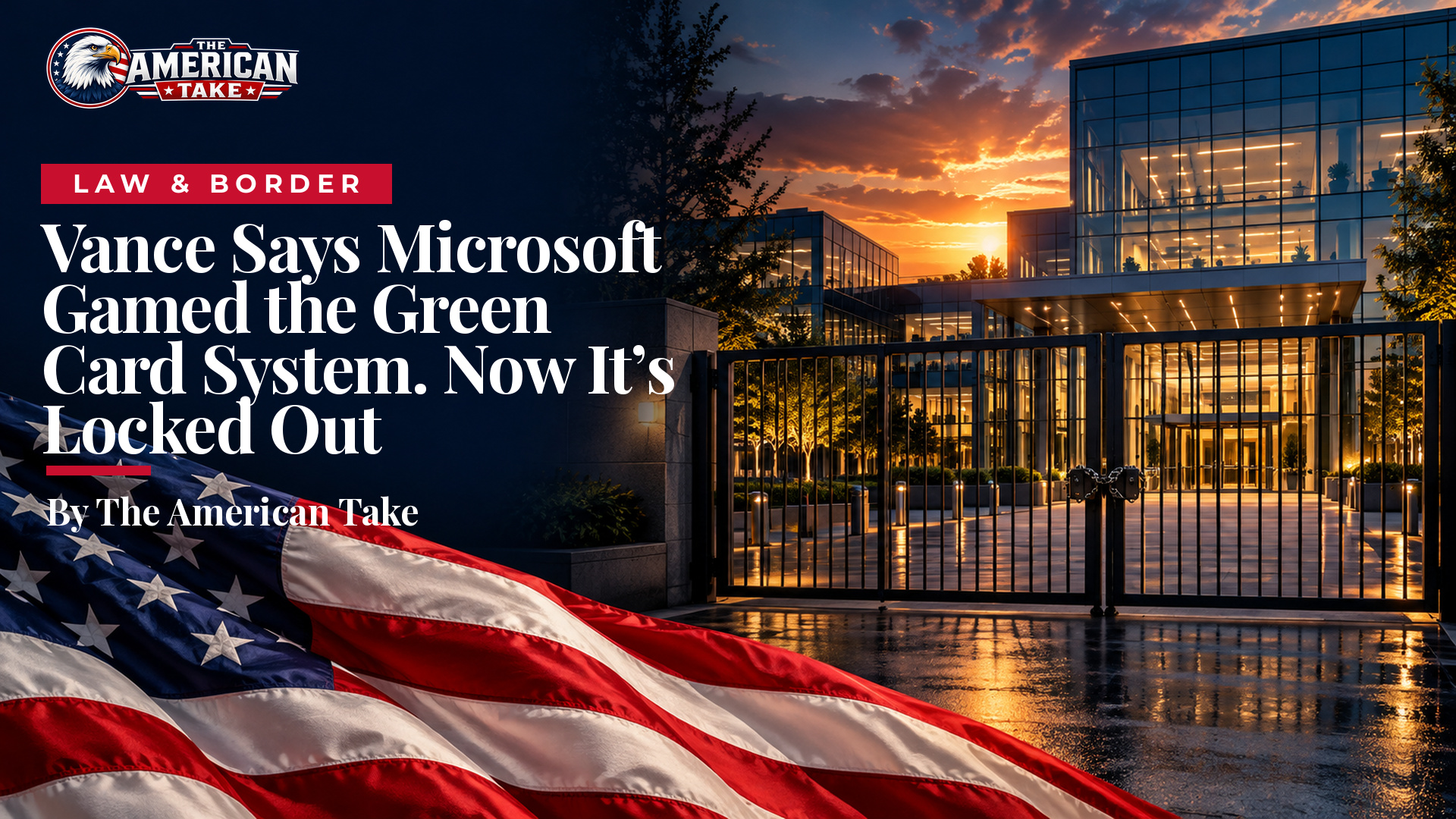 A glass technology headquarters at dusk with a locked steel gate in the foreground.