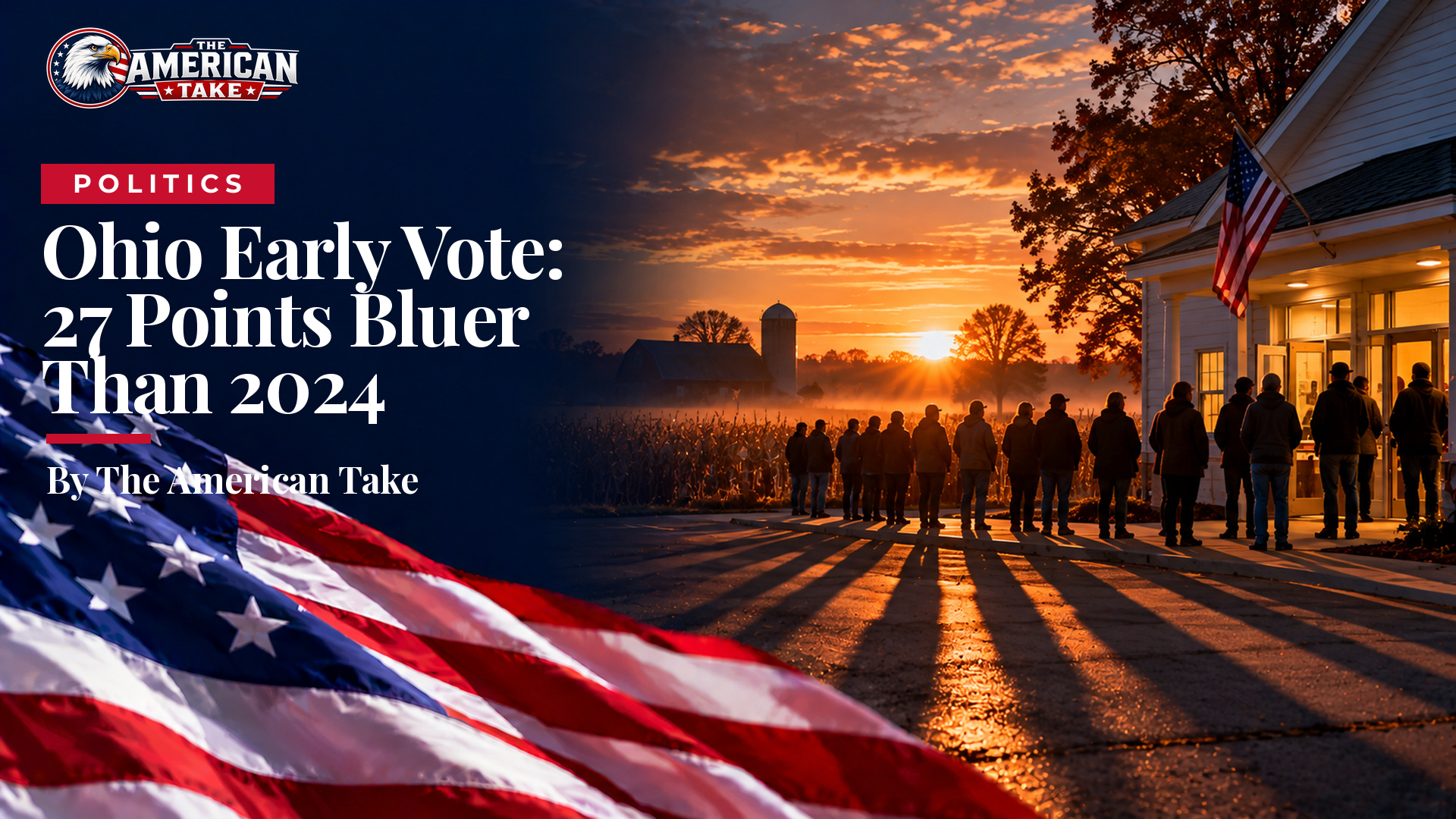 A line of voters' shadows outside a small-town polling place at sunrise, with a farm field behind it.