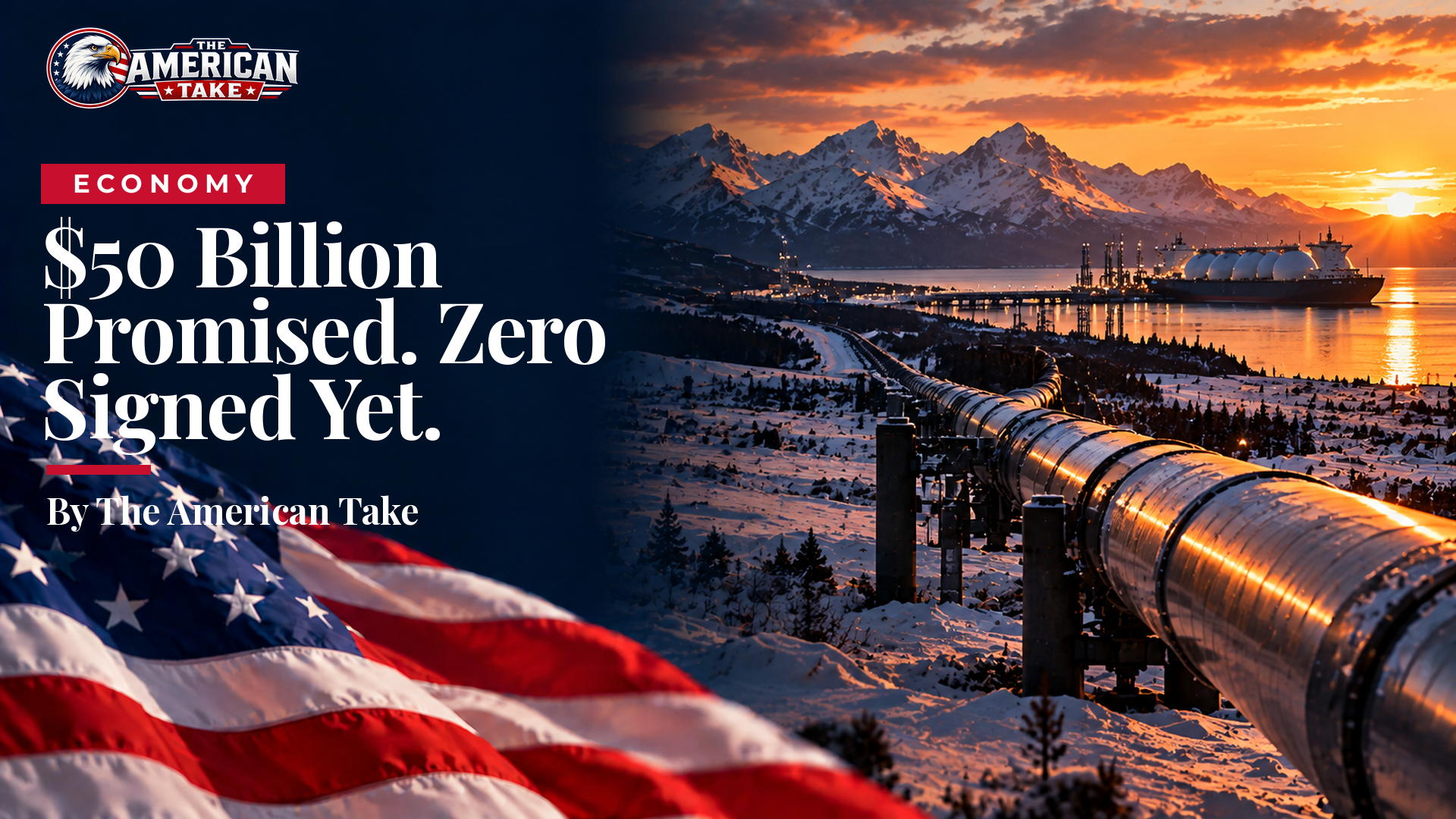 A long steel pipeline stretching across snowy tundra toward mountains at sunrise, with a large LNG tanker docked at a distant port.