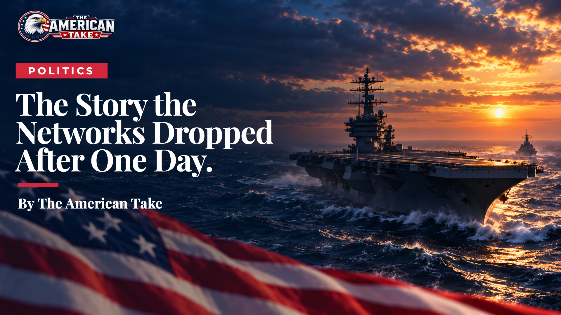 A gray Navy aircraft carrier steams alone across a darkening ocean at dusk, its flight deck nearly empty under a low orange sky.