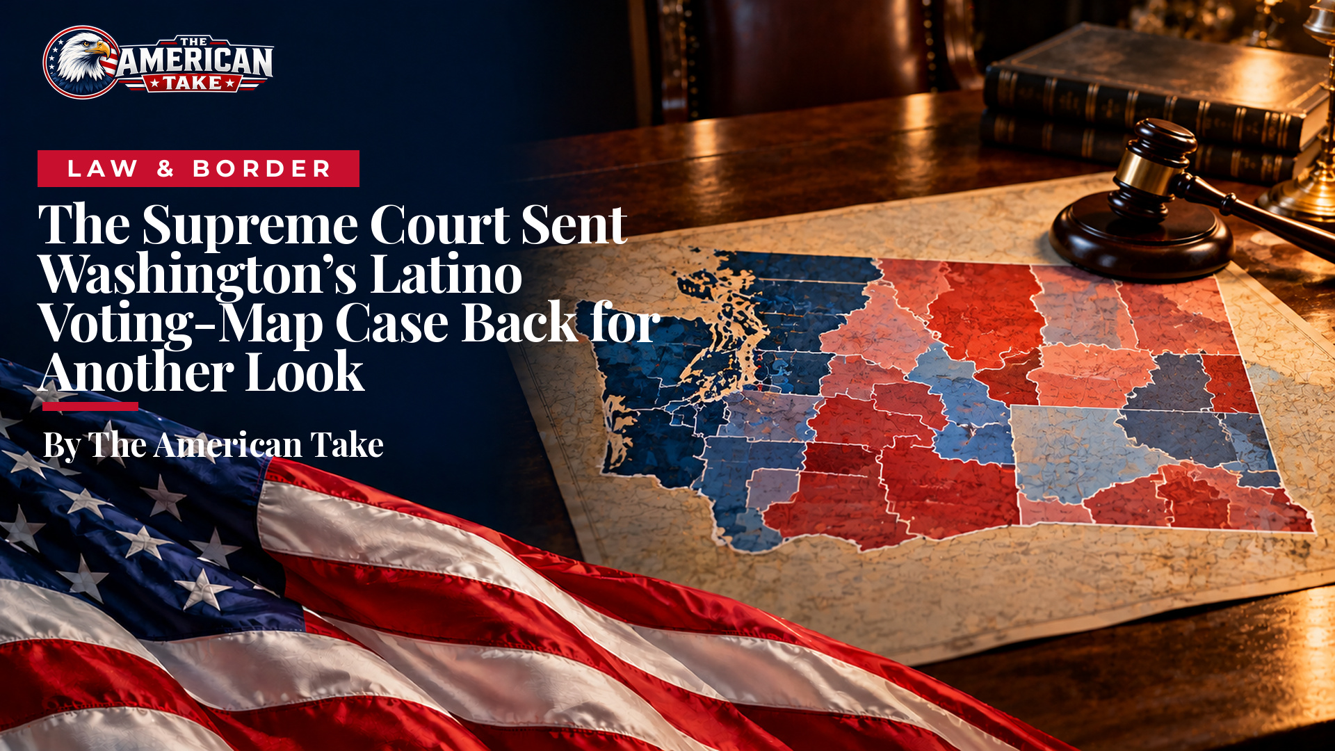 A paper map of Washington State legislative districts with a judge's gavel resting on it.