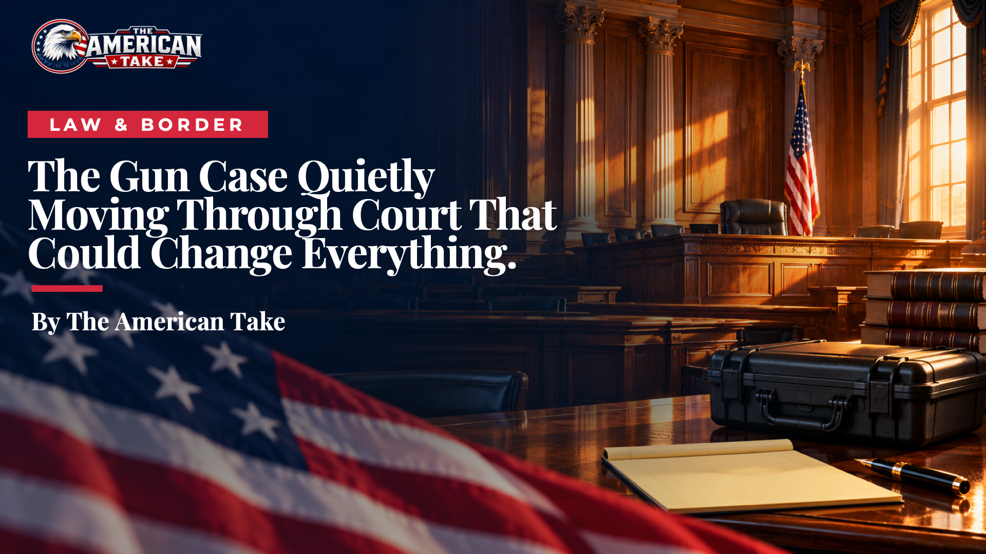 A quiet appellate courtroom with an empty judges' bench and a closed handgun case resting on a counsel table in low light.