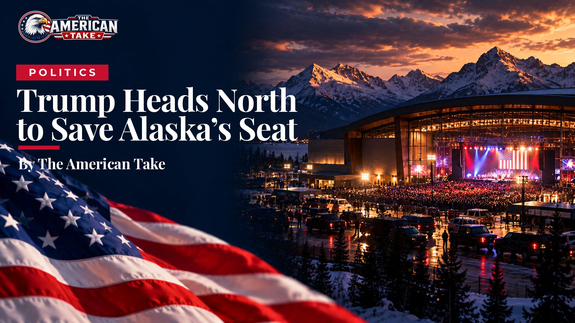 A packed sports arena under snow-capped mountains at dusk, with campaign lights glowing inside.