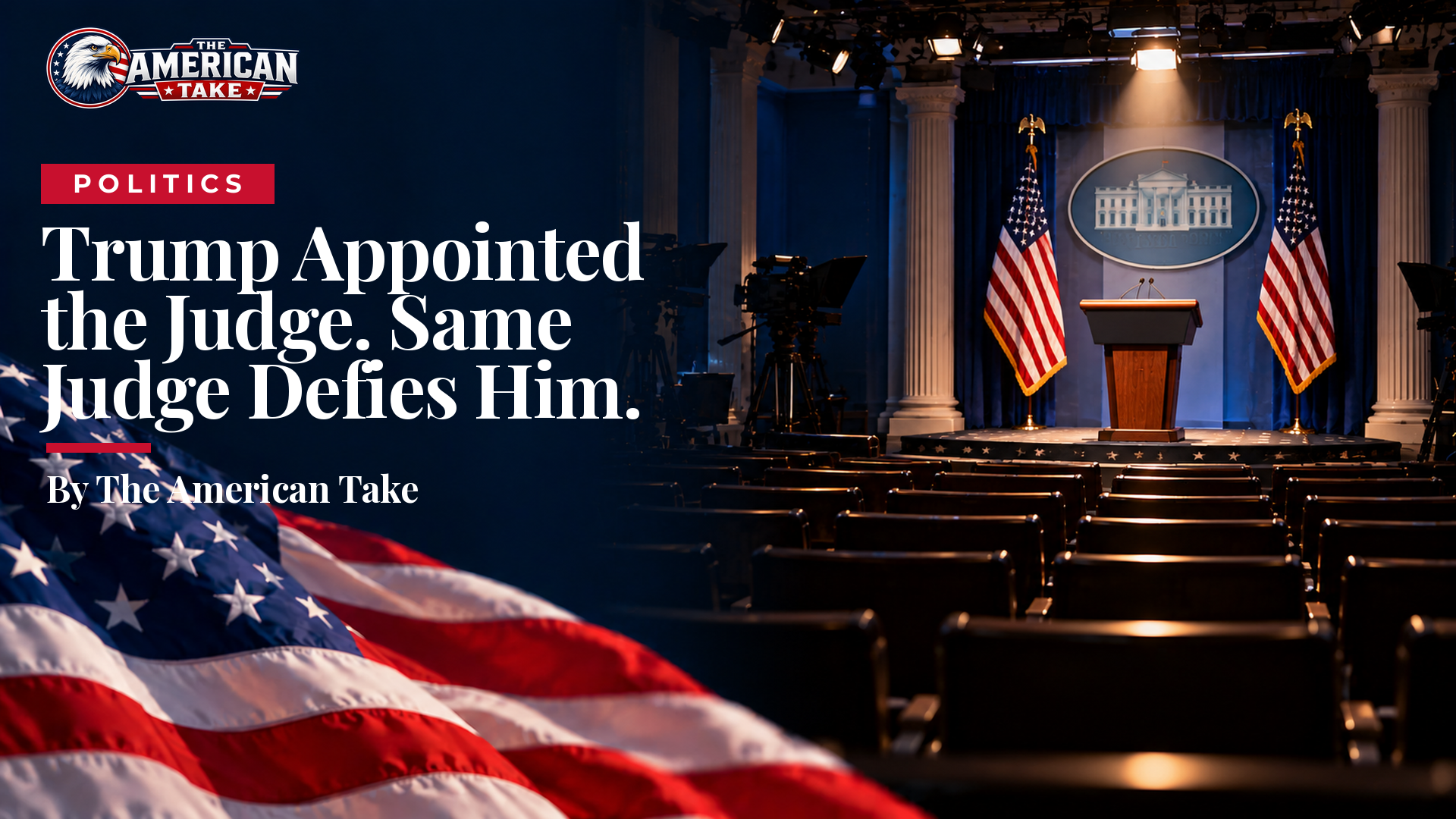 An empty row of chairs in a press briefing room with a wooden podium lit by a single spotlight.
