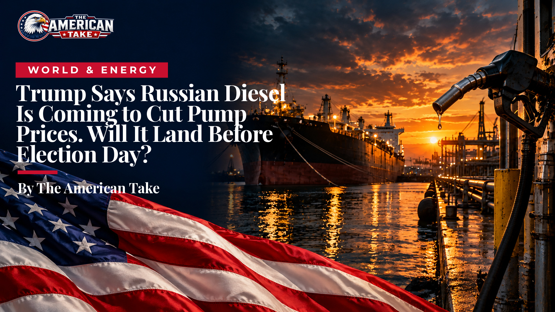 An oil tanker at port at sunset with a diesel pump nozzle in the foreground.