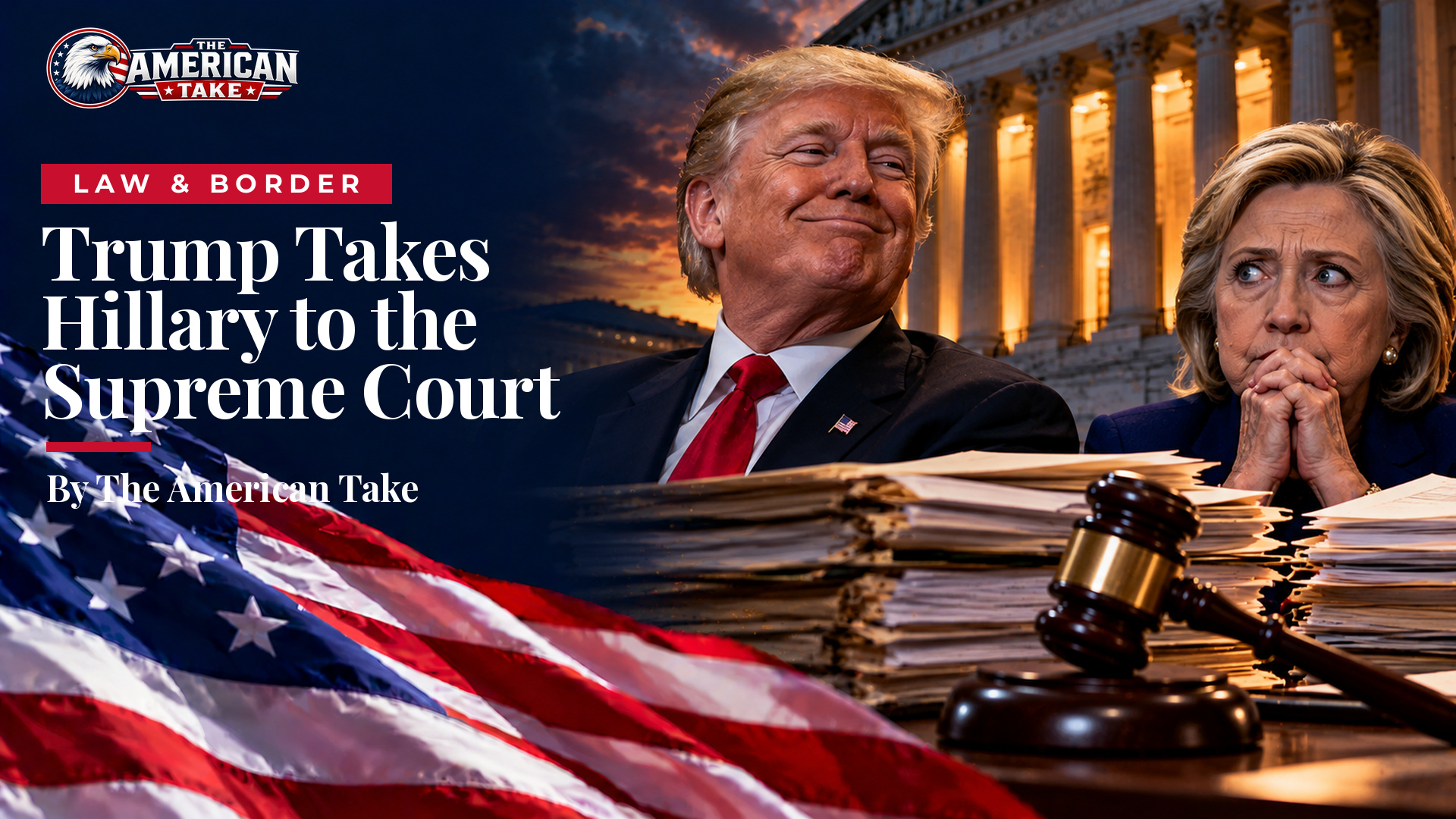 AI-generated illustration, not a photograph: Donald Trump and Hillary Clinton depicted beside stacks of legal files and a gavel in front of a columned courthouse at dusk.