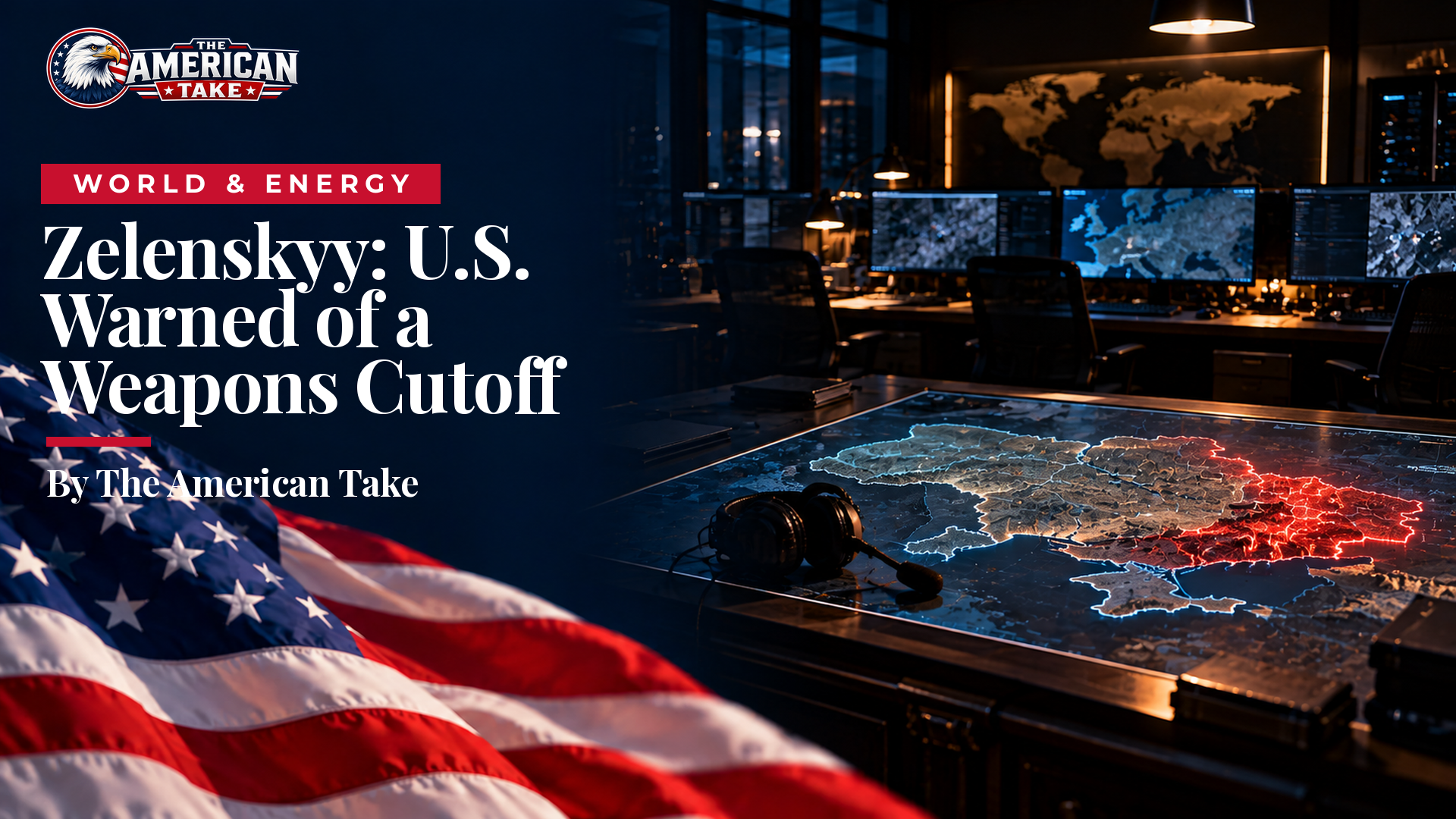 A darkened military operations room with blank satellite screens and a single map table lit from above.
