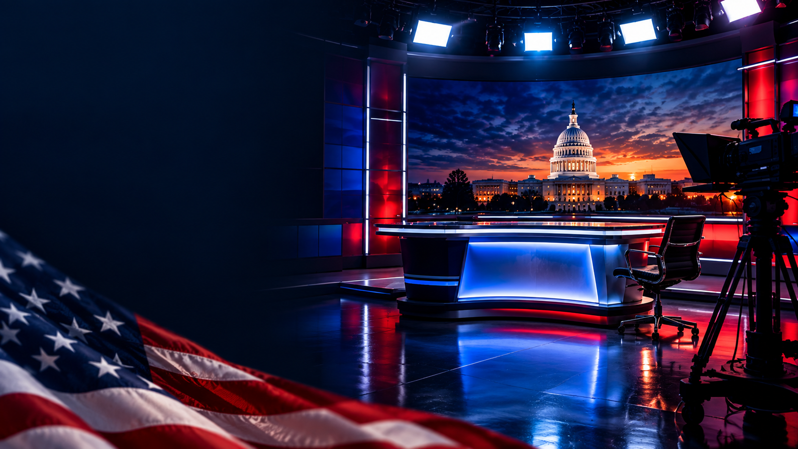 An empty television studio anchor desk lit in red and blue, with the U.S. Capitol dome glowing at dusk behind it. AI-generated illustration.