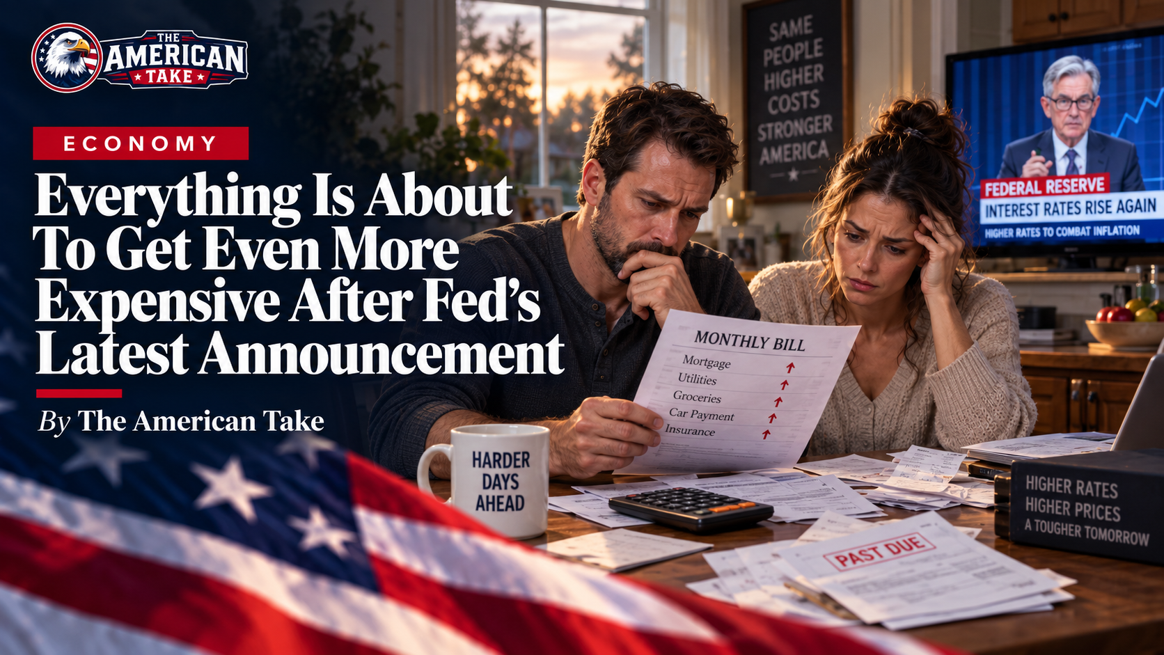 A family at a kitchen table reviewing bills while a television reports a Federal Reserve interest-rate increase.