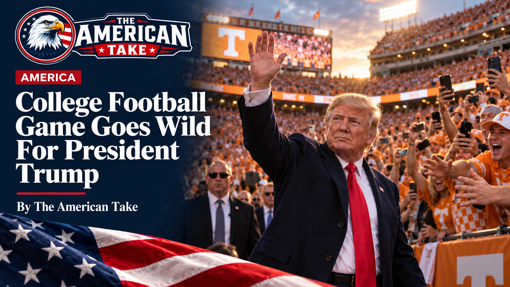 President Donald Trump waves to a packed orange-clad college football crowd at Neyland Stadium