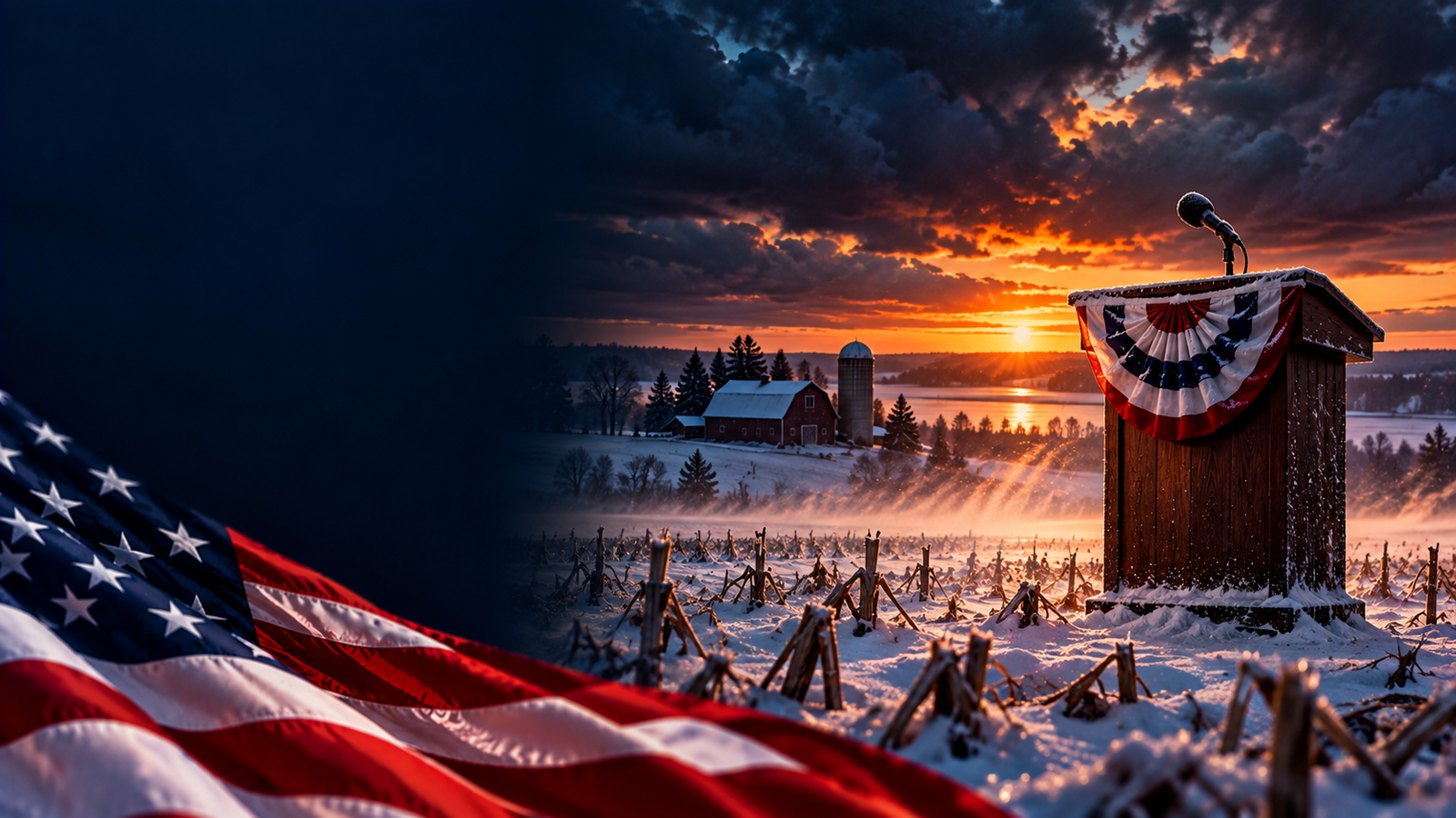 A wooden campaign podium draped in red, white and blue bunting stands in a snowy Minnesota cornfield at sunset, with a red barn and silo behind it. AI-generated illustration.