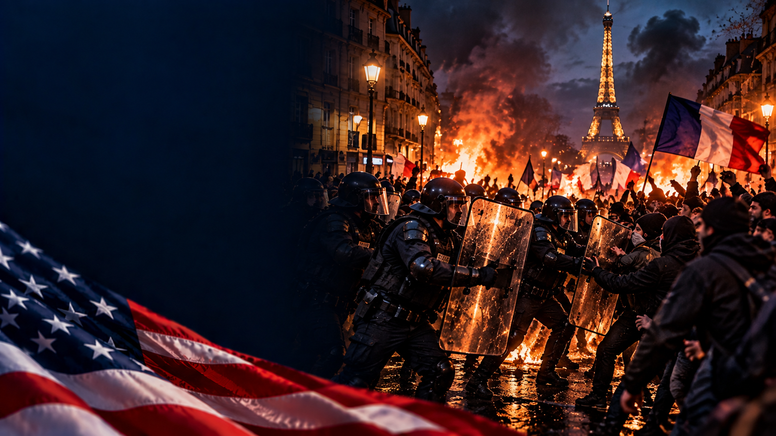 A French street at night with burning barricades and smoke rising between buildings. AI-generated illustration representing the unrest in France, not a photograph.