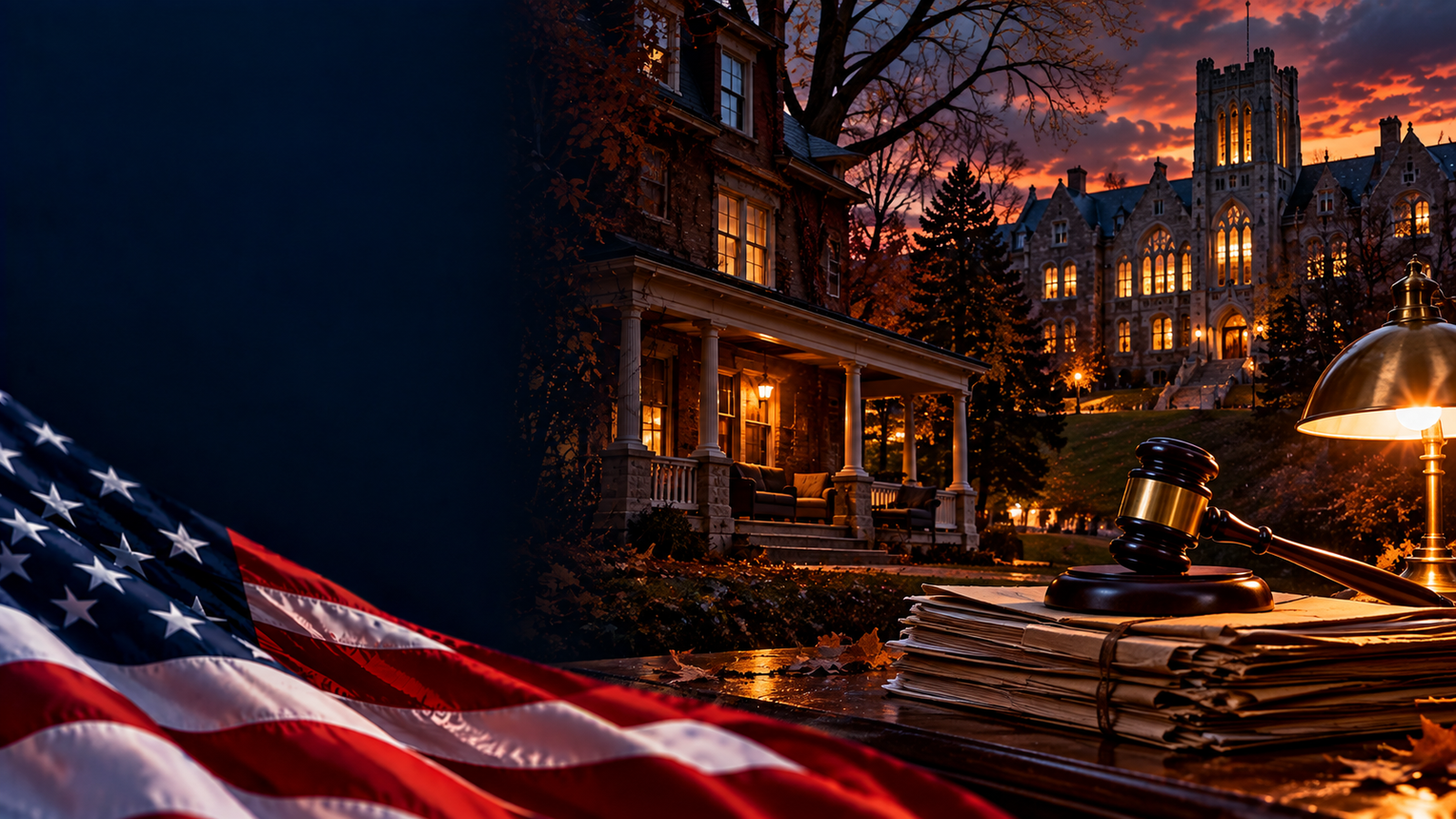 A fraternity house porch in autumn at dusk with a Gothic university tower behind it, and a judge's gavel on a stack of case files in the foreground beside an American flag. AI-generated illustration.