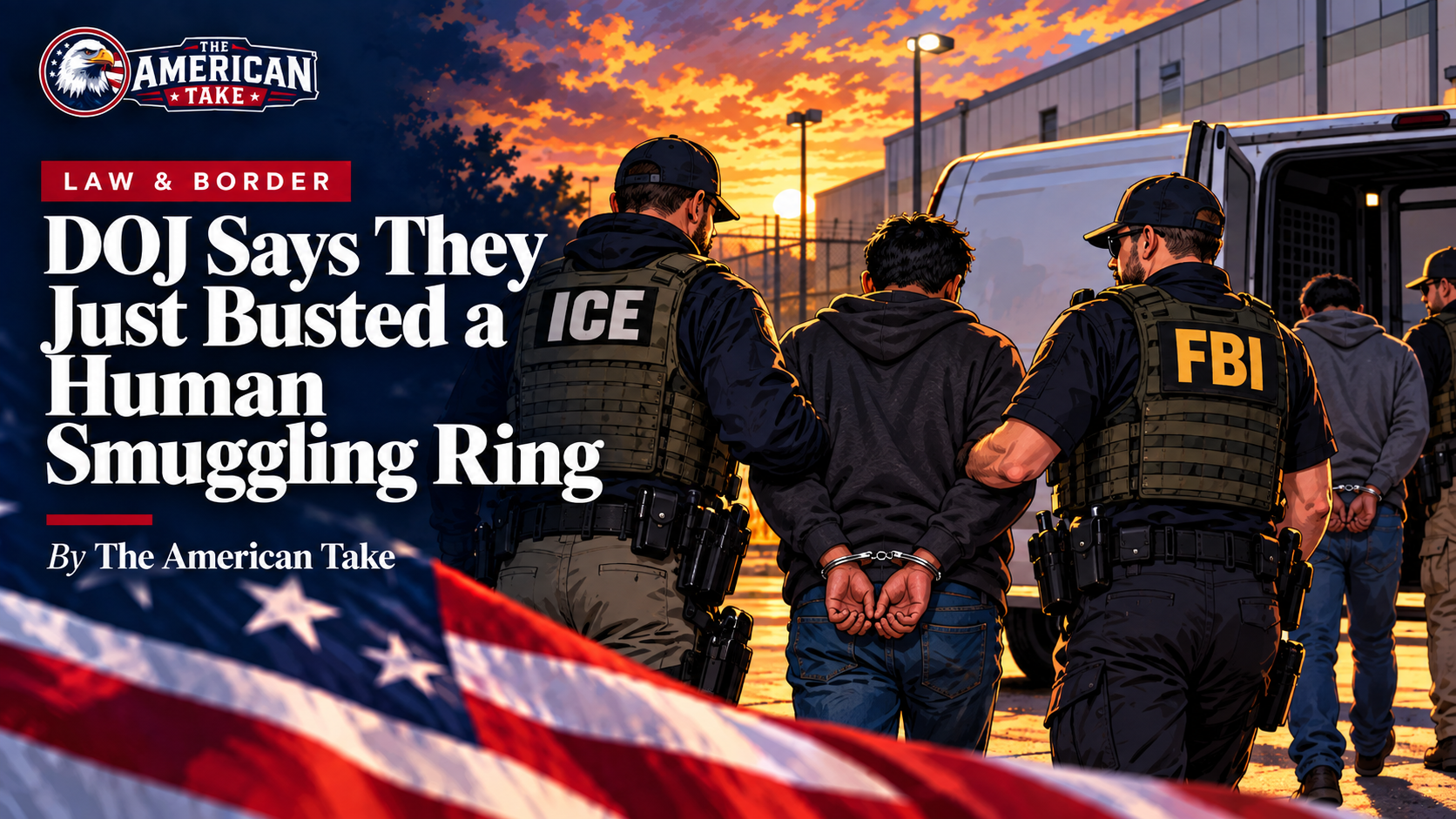 Federal agents escorting a handcuffed suspect near a transport van at the southern border during a human-smuggling enforcement operation.