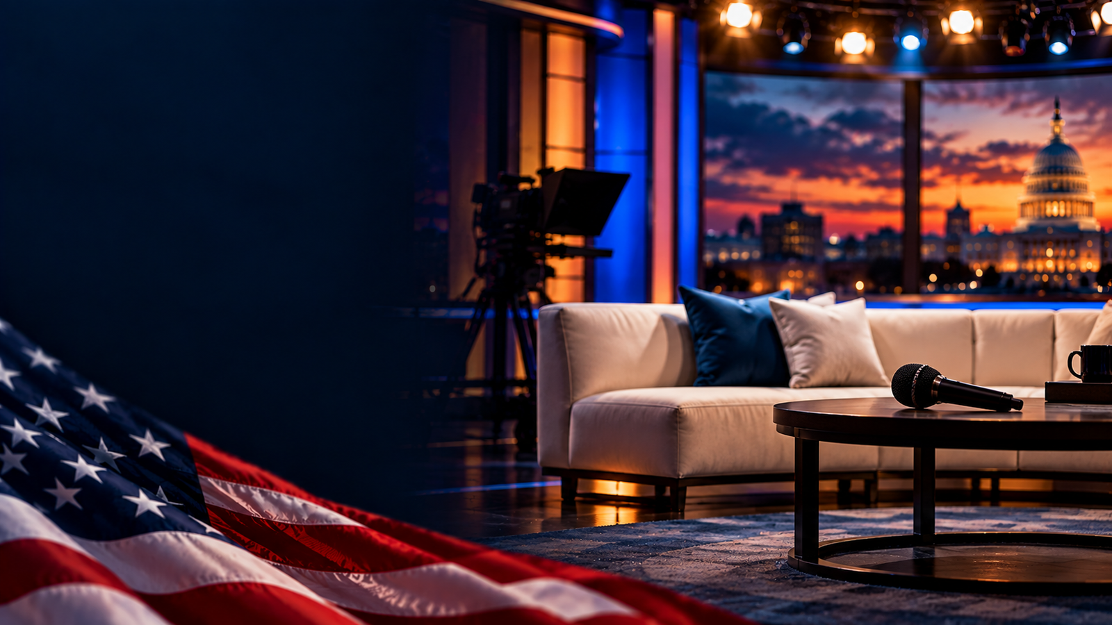 An empty talk-show set with a cream sofa, a microphone on a coffee table and an American flag in the foreground, with the U.S. Capitol glowing at dusk in the window. AI-generated illustration.