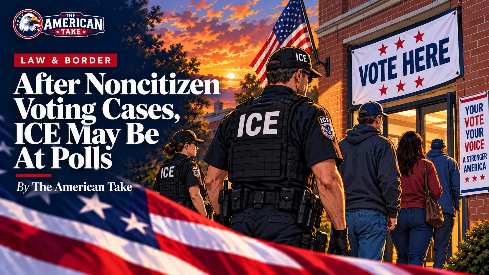 ICE agents standing near a polling-place entrance at sunset as voters enter beneath American flags.