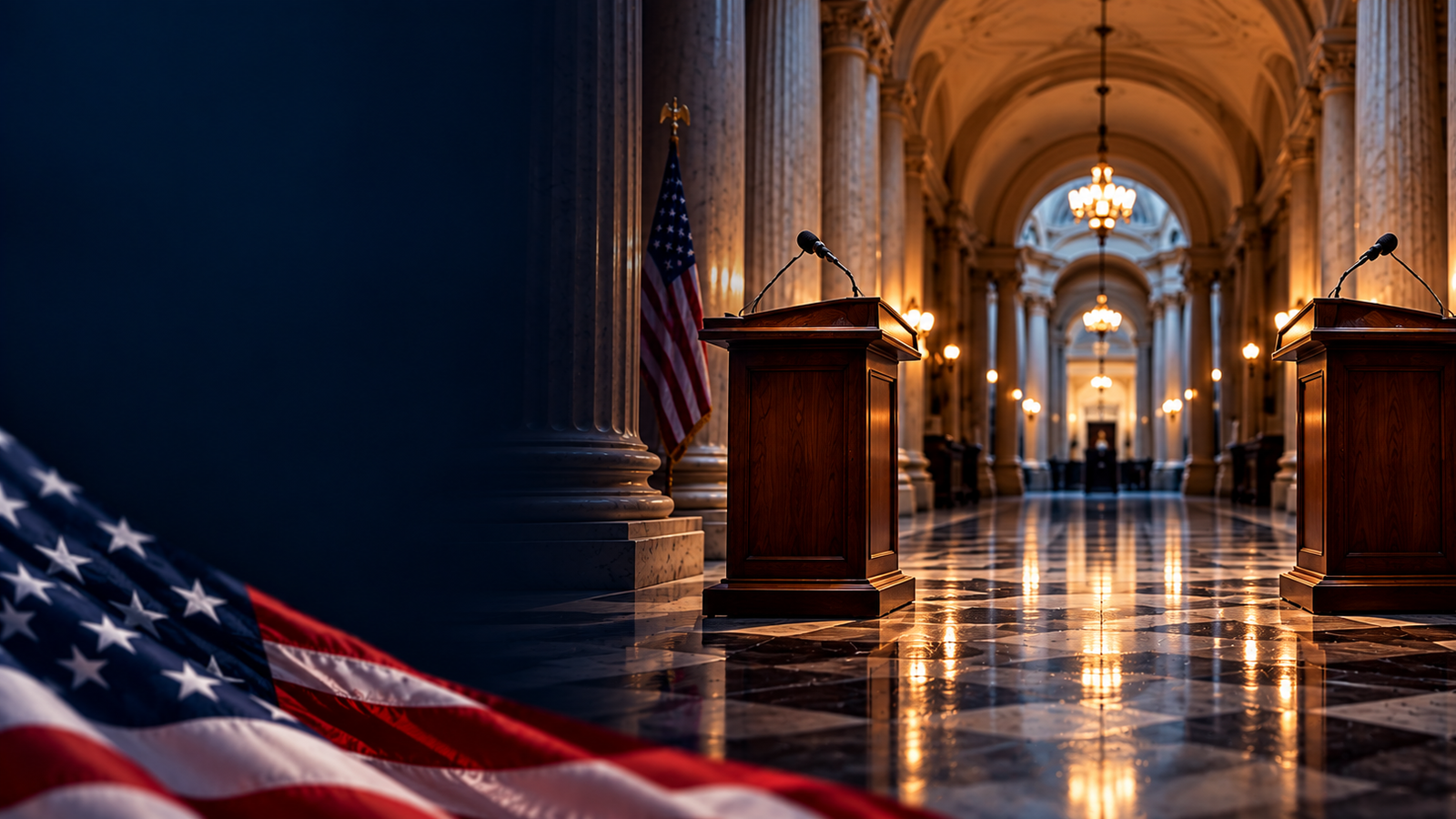 Two empty podiums facing each other in a marble hall, one lit in red and one in blue. AI-generated illustration.