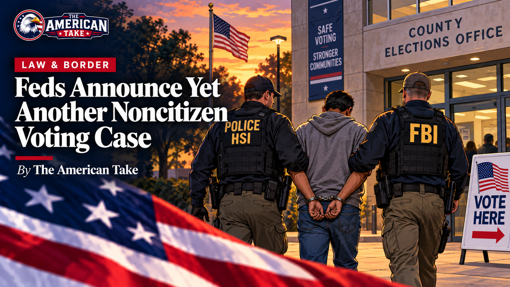 Federal law enforcement escorting a suspect outside an elections office at sunset, with American flags and a vote-here sign.
