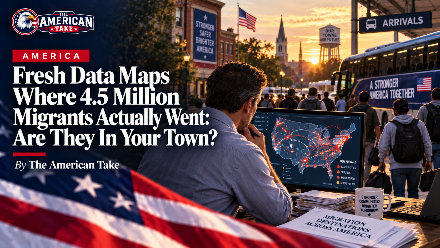 A U.S. migration map displayed in a small American town as buses and new arrivals move through the community.